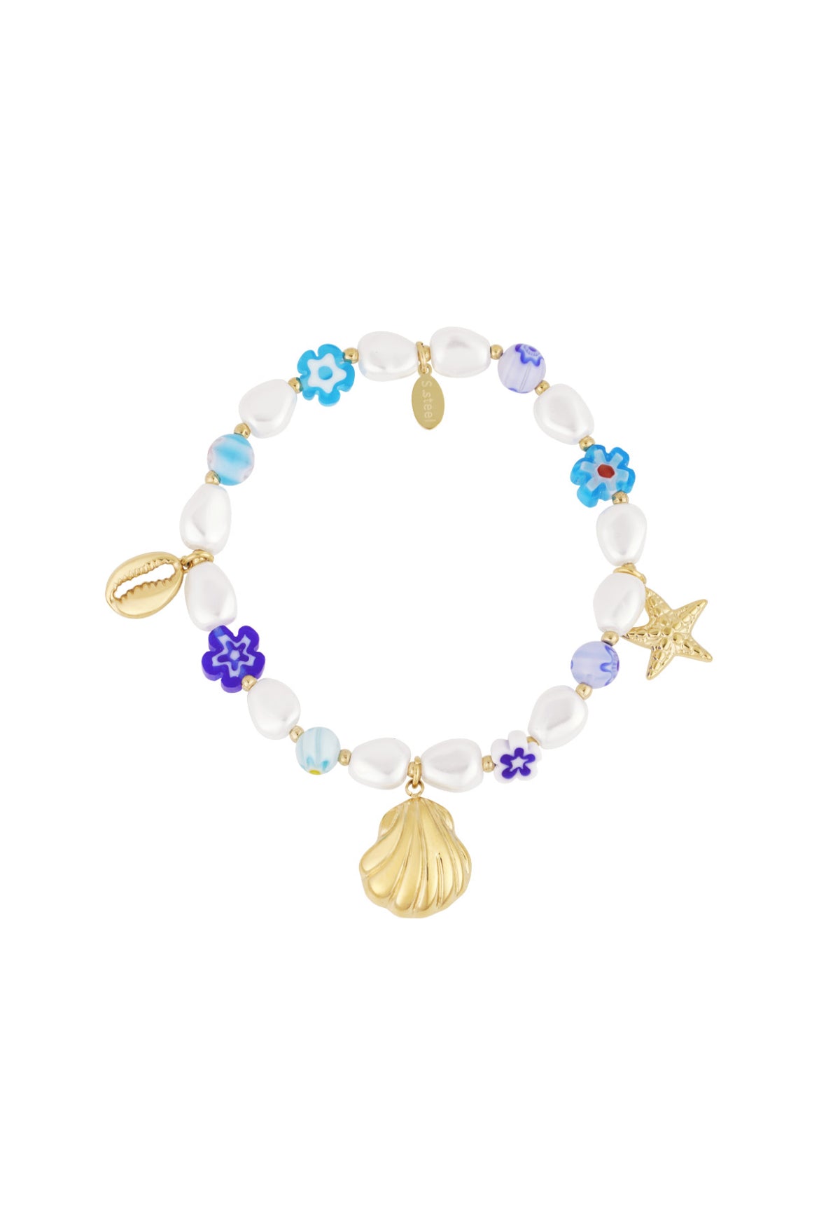 Kralen armband met schelpen bedels en parels goud