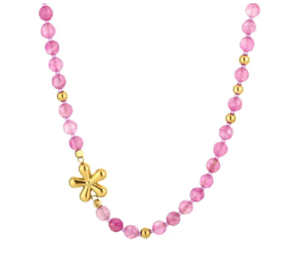 Kralen ketting met bloemetje fuchsia