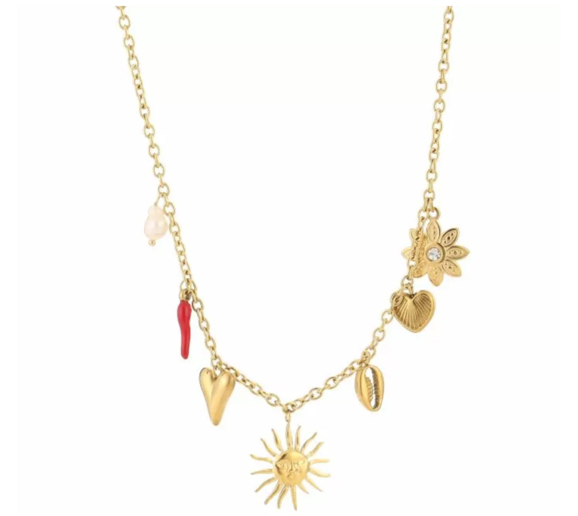 Bedel ketting met zon en verschillende bedels goud