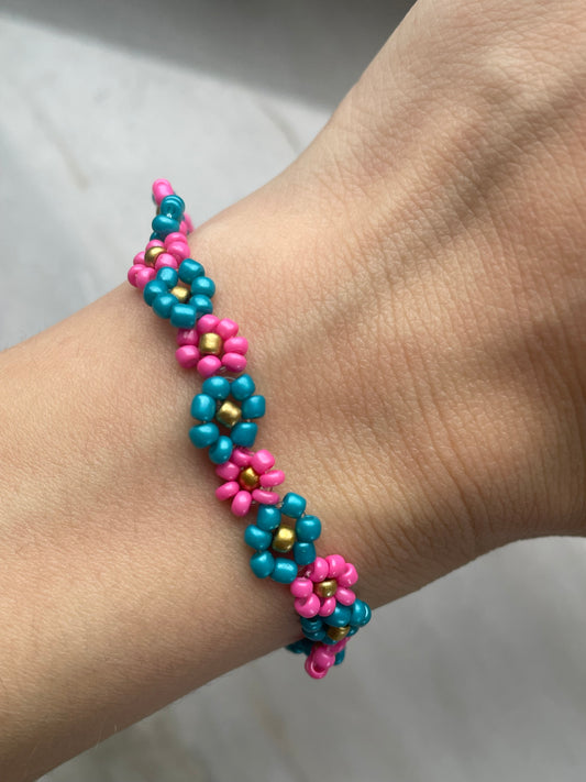 Armband flowers blue & pink