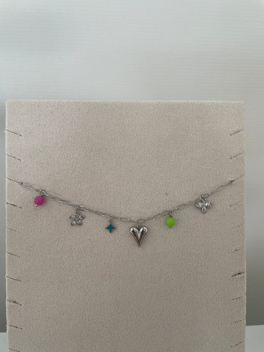 Bedelketting met gekleurde steentjes zilver