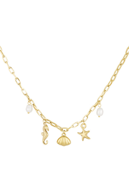 Bedel ketting met zeepaardje en schelpen bedels goud