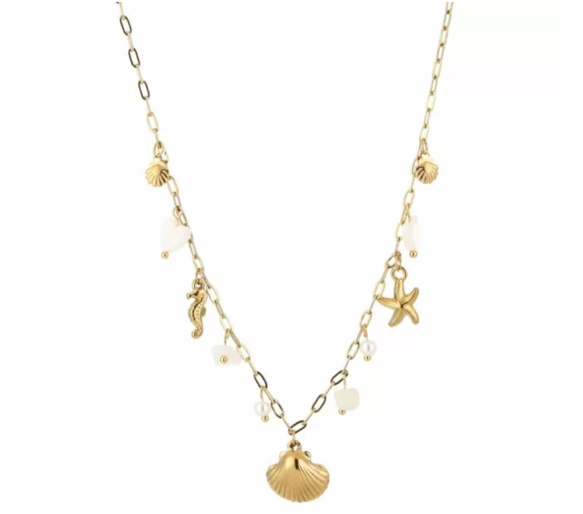 Bedel ketting schelp zeester en zeepaardje goud