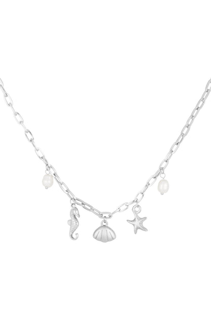 Bedel ketting met zeepaardje en schelpen bedels zilver