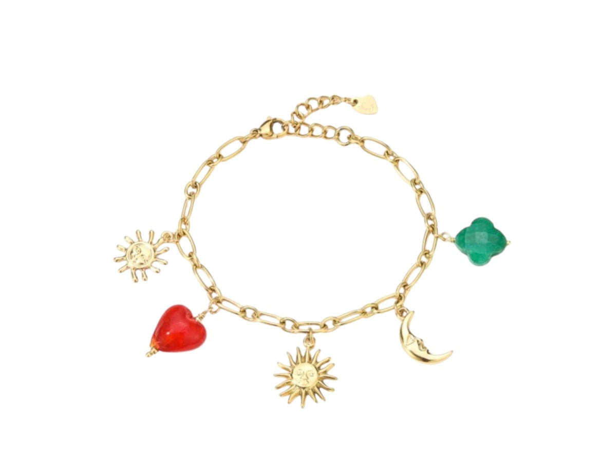 Bedel armband met zon & gekleurde bedels goud