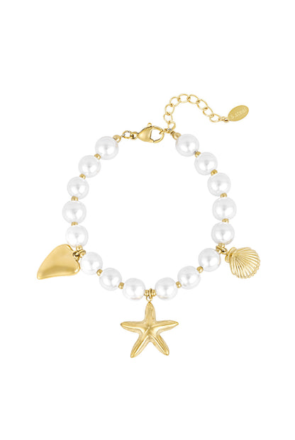 Bedel armband met parels en schelpen goud