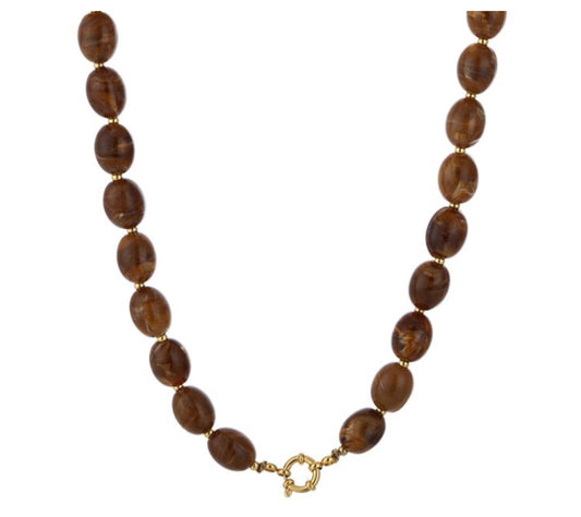 Kralen ketting bruin met gouden details